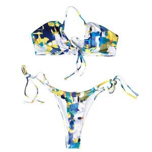 NWOT | Abstract Multicolored Print Halter Tie Side String Bikini Set | Small